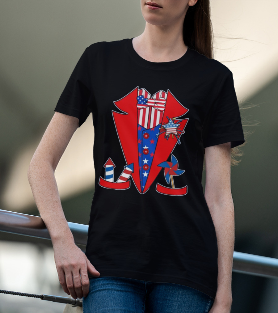 Patriotic Red White Blue Tuxedo With Stars Stripes And Rocket Pinwheels T-Shirt