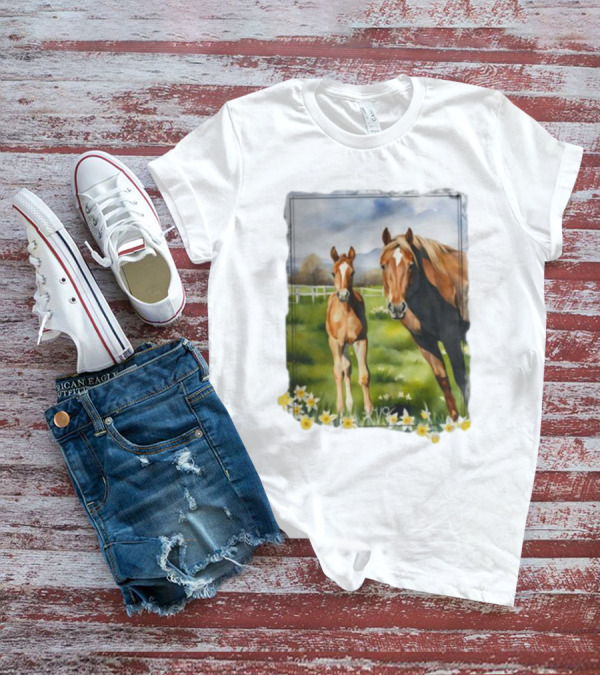 Ginger And Freddie Horses In Scenic Pasture With Daffodils T-Shirt
