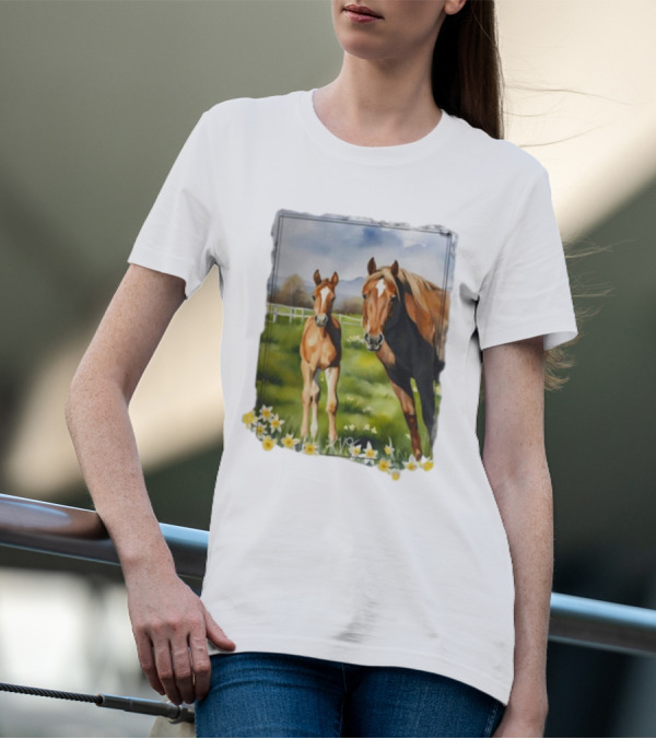 Ginger And Freddie Horses In Scenic Pasture With Daffodils T-Shirt