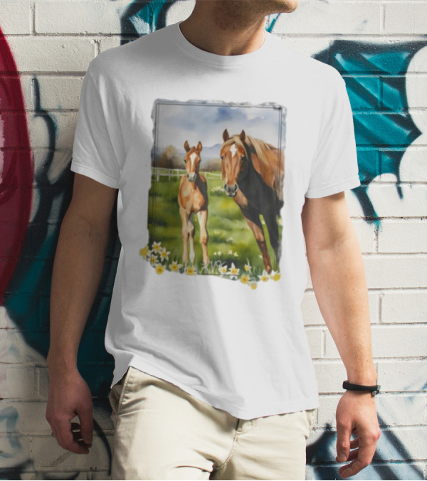Ginger And Freddie Horses In Scenic Pasture With Daffodils T-Shirt
