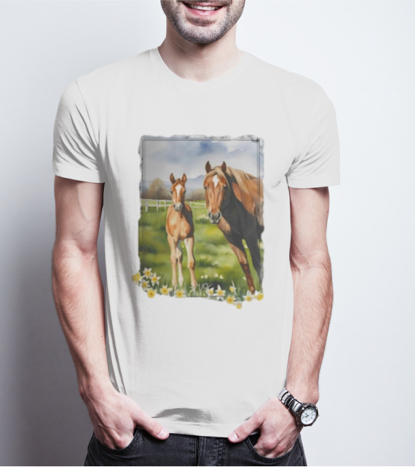 Ginger And Freddie Horses In Scenic Pasture With Daffodils T-Shirt
