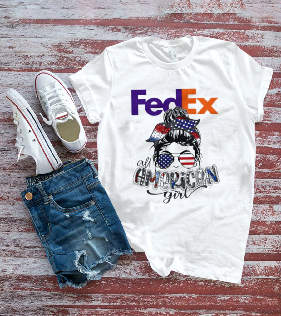 FedEx All American Girl Messy Bun Bandana And Sunglasses With Flag Elements T-Shirt