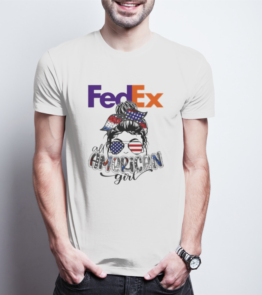 FedEx All American Girl Messy Bun Bandana And Sunglasses With Flag Elements T-Shirt