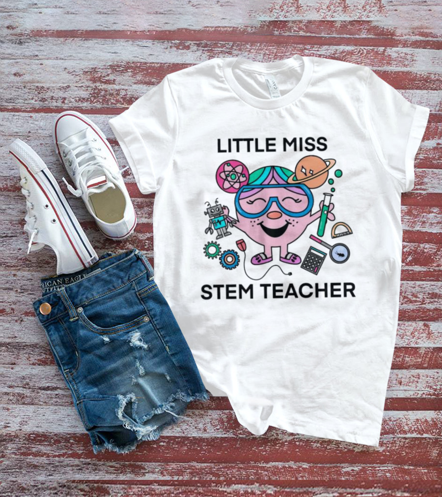 Little Miss STEM Teacher Science Icons Robot Atom Calculator Planets Gears T-Shirt