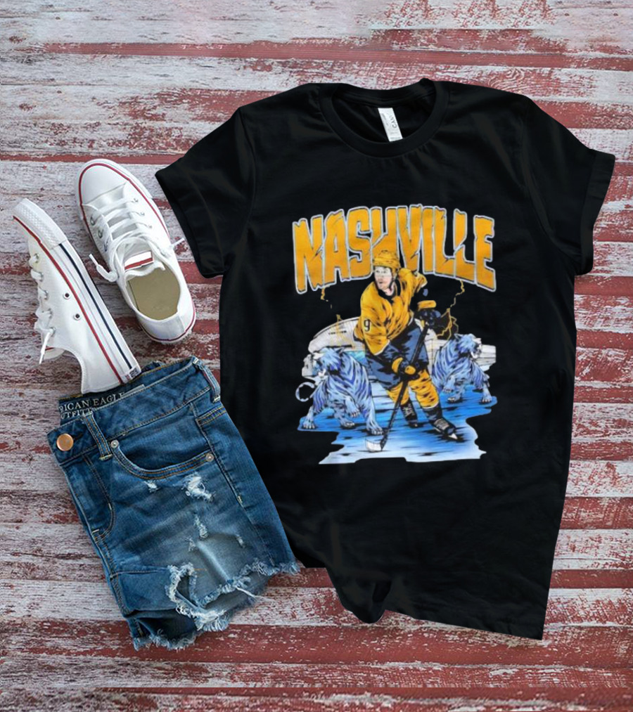 Nashville Predators Filip Forsberg Hockey Number 9 Action With Ice Background And Predators Lions T-Shirt