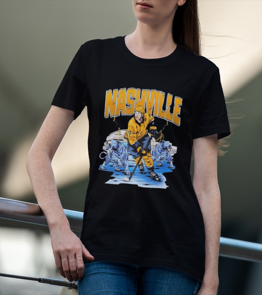 Nashville Predators Filip Forsberg Hockey Number 9 Action With Ice Background And Predators Lions T-Shirt