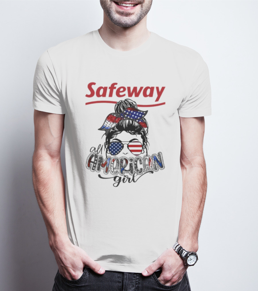 Safeway All American Girl Messy Bun Red White Blue Glasses Bandana T-Shirt