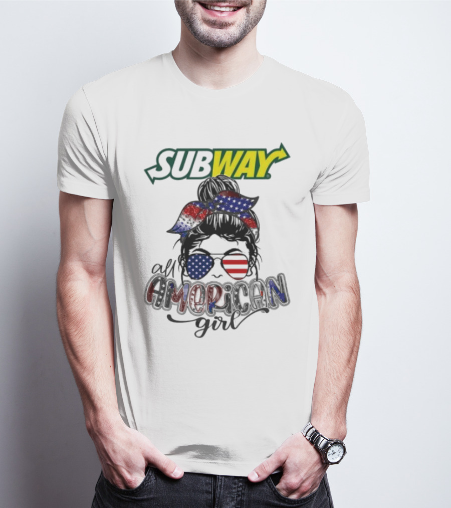 Subway All American Girl Messy Bun Patriotic Bandana And Sunglasses T-Shirt