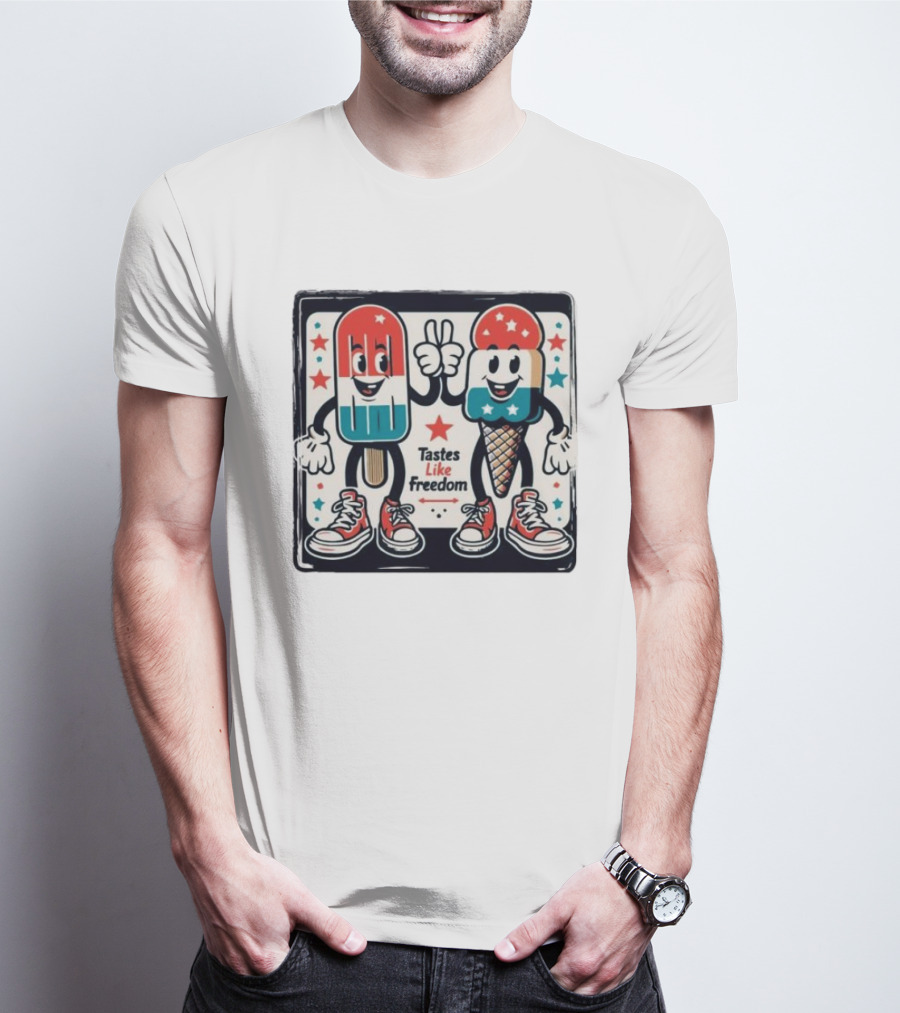 Tastes Like Freedom Popsicle And Ice Cream Characters With Stars And Sneakers T-Shirt