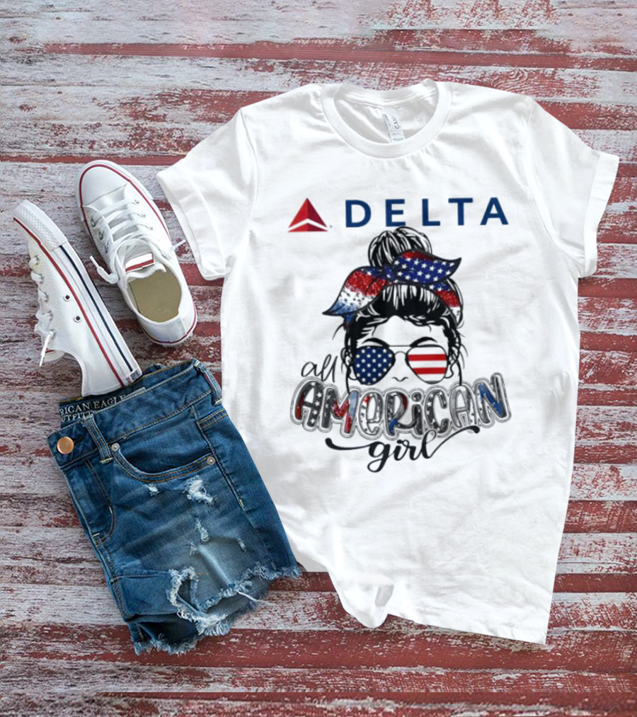 Delta Air Lines All American Girl Messy Bun Stars Stripes Bandana Sunglasses T-Shirt