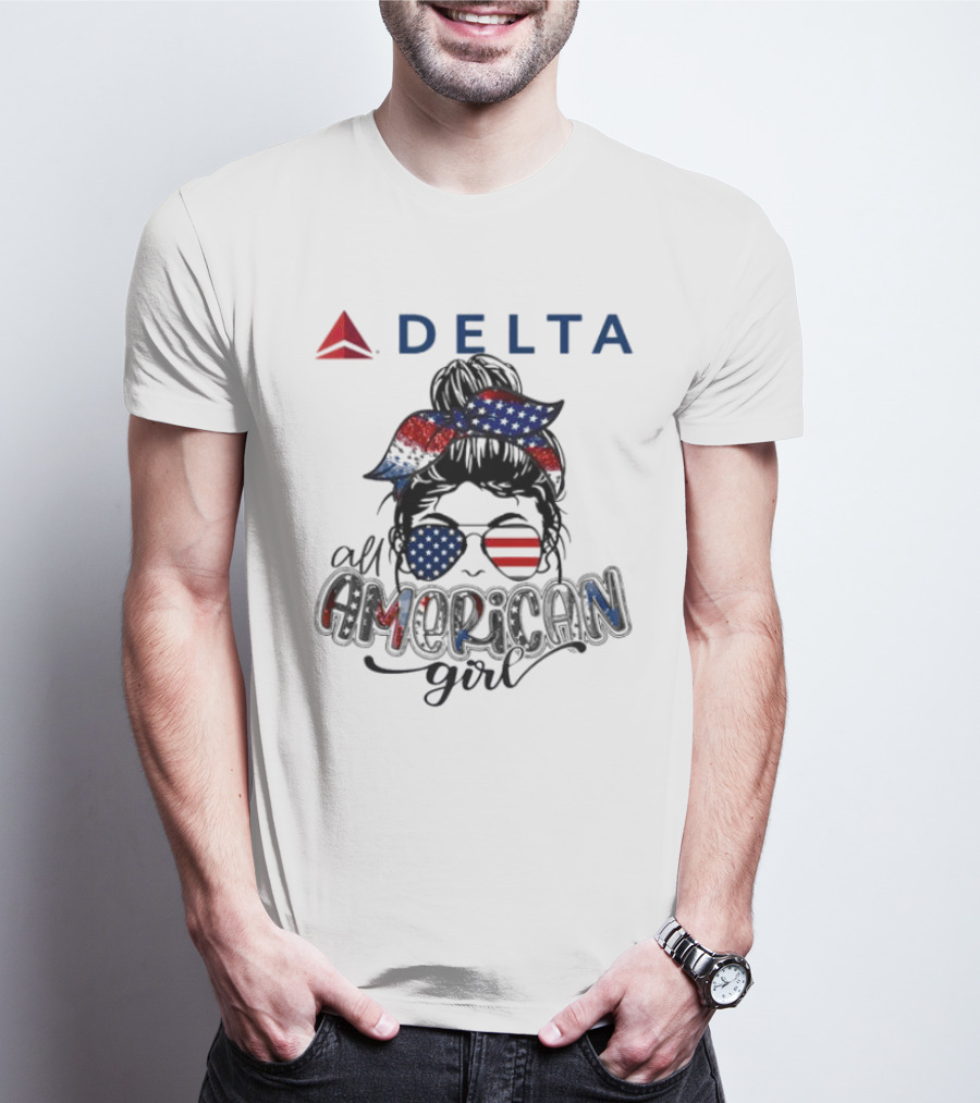 Delta Air Lines All American Girl Messy Bun Stars Stripes Bandana Sunglasses T-Shirt