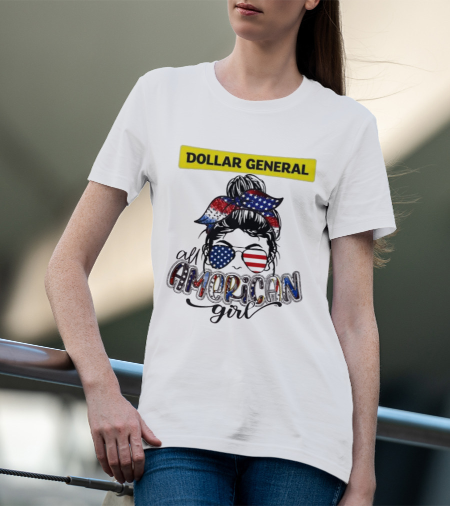Dollar General All American Girl Messy Bun Flag Bandana Sunglasses T-Shirt