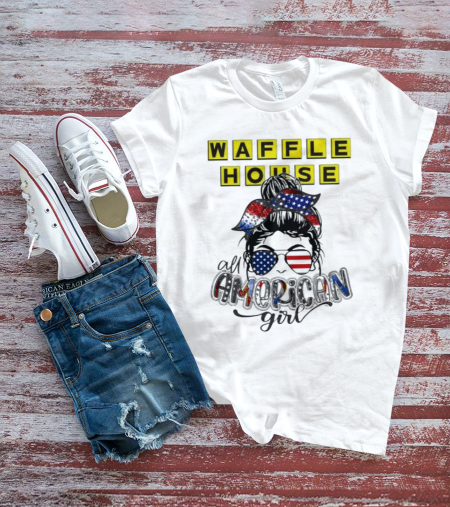 Waffle House All American Girl Messy Bun Patriotic USA Flag Glasses T-Shirt
