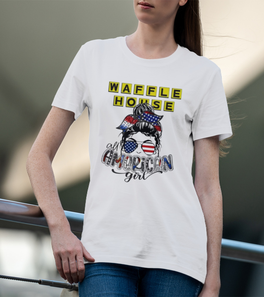 Waffle House All American Girl Messy Bun Patriotic USA Flag Glasses T-Shirt