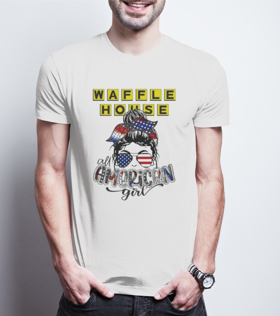 Waffle House All American Girl Messy Bun Patriotic USA Flag Glasses T-Shirt