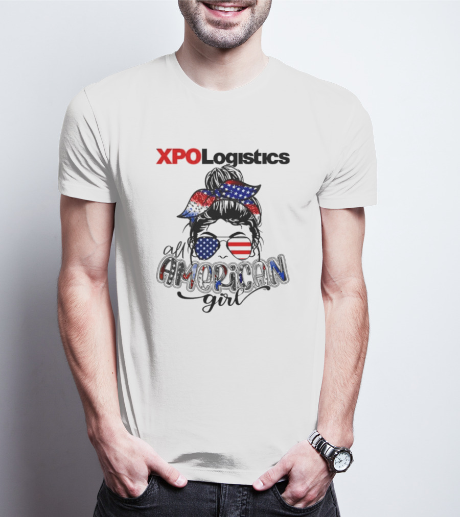 XPO Logistics All American Girl Messy Bun Red White Blue Glasses Stars Stripes T-Shirt