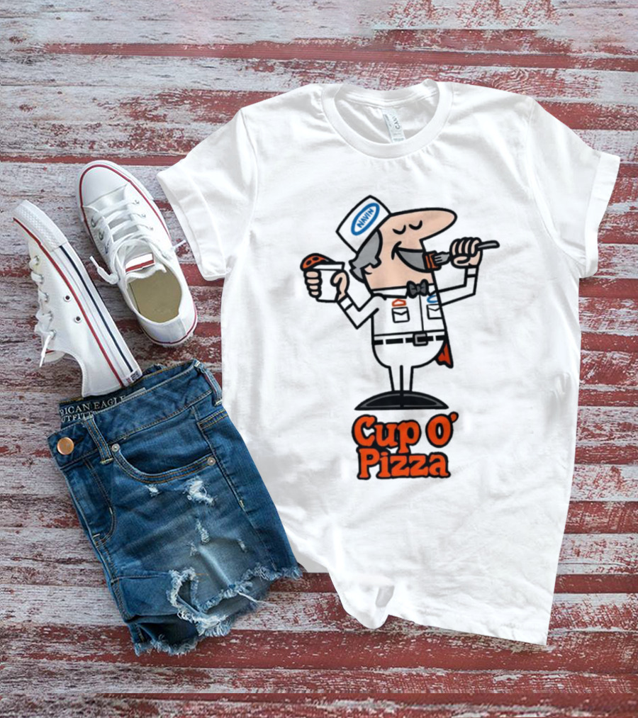 Cup O' Pizza Cartoon Character Eating From A Fork And Cup T-Shirt