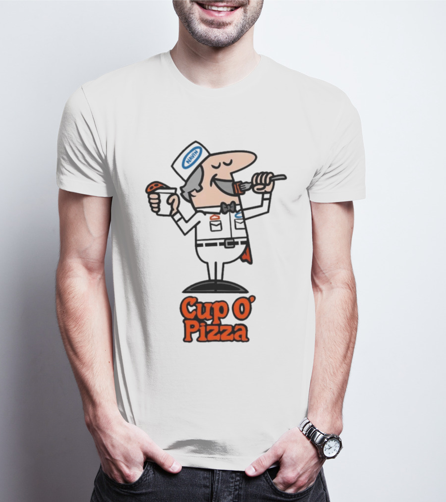 Cup O' Pizza Cartoon Character Eating From A Fork And Cup T-Shirt