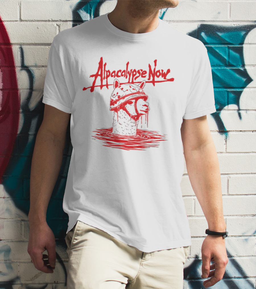 Alpacalypse Now Llama With Military Helmet Emerging From Water T-Shirt