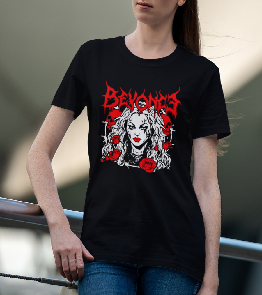 BEYONCÉ Rose Metal Gothic Style Skulls And Roses T-Shirt