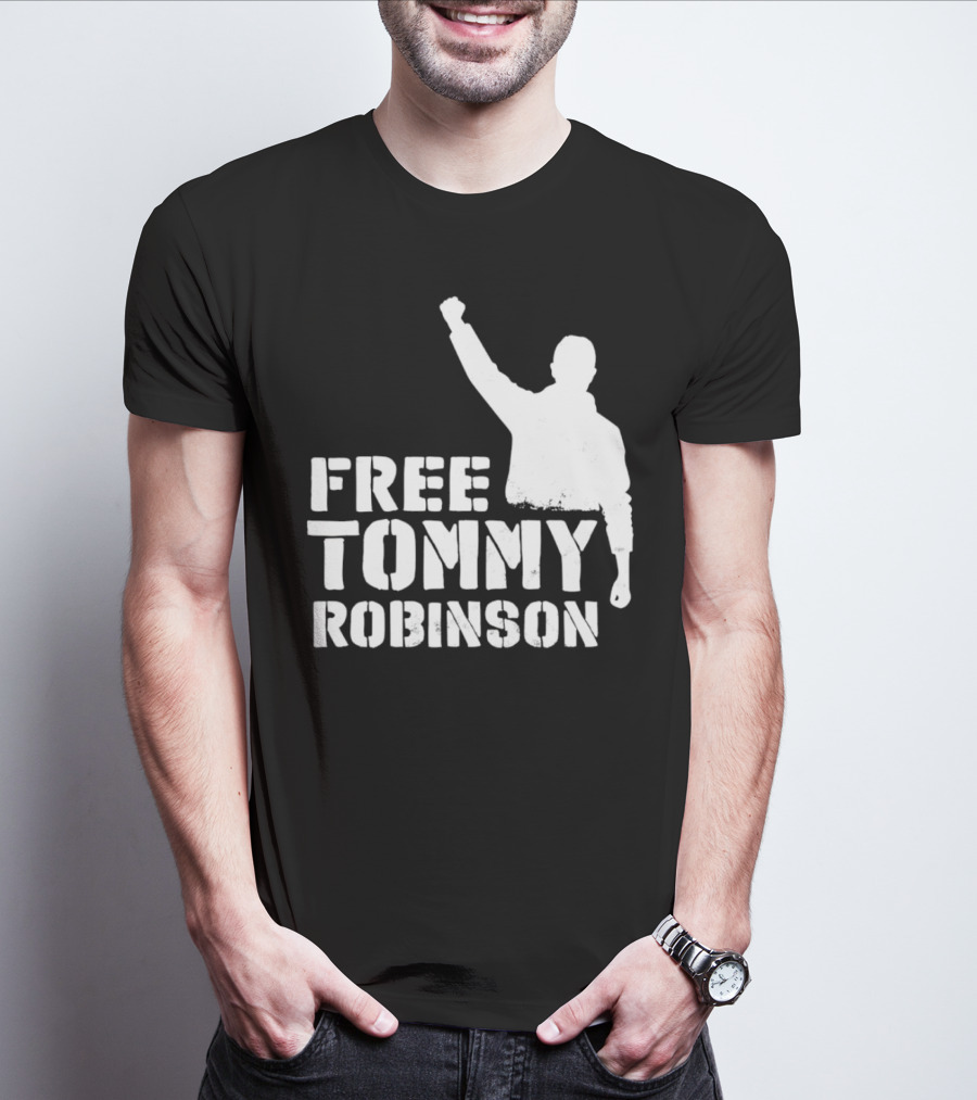 Free Tommy Robinson Silhouette Fist Raised Protest T-Shirt
