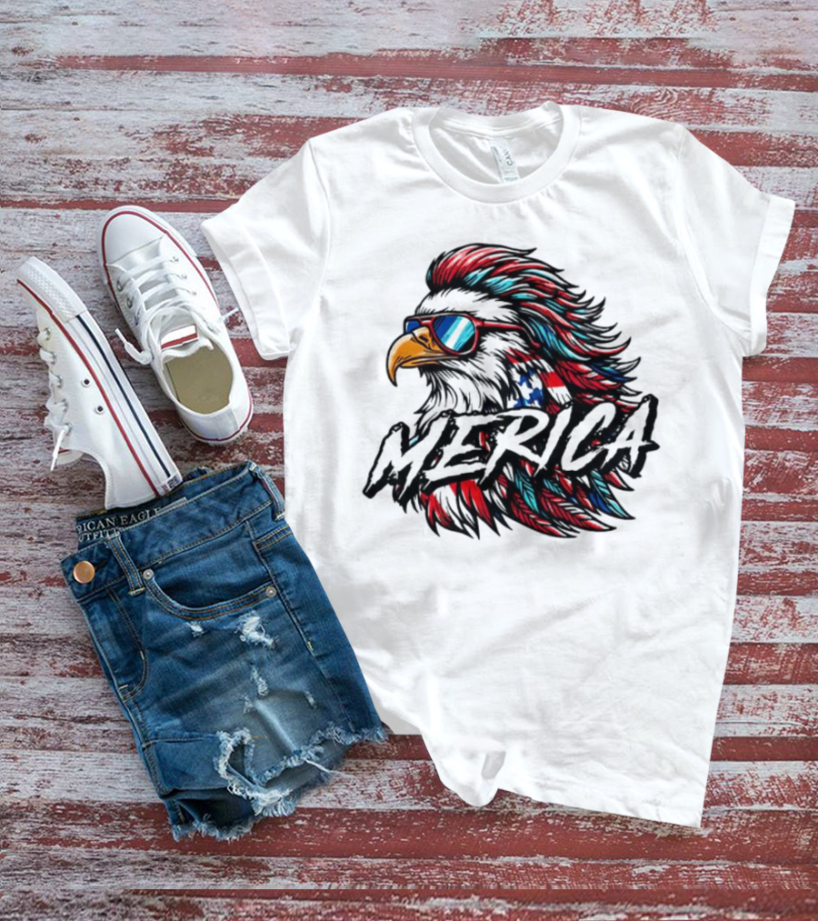 Merica Mullet Eagle With Patriotic Sunglasses And Americana Colors T-Shirt