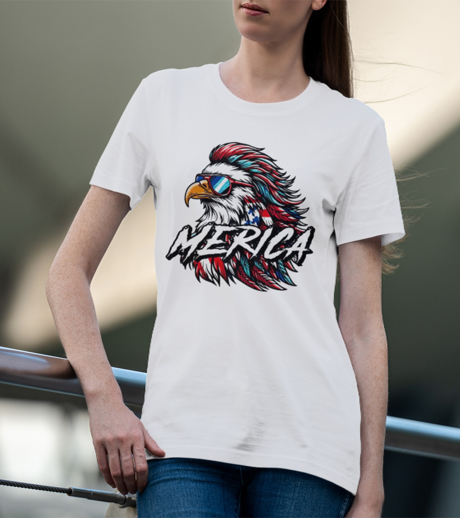 Merica Mullet Eagle With Patriotic Sunglasses And Americana Colors T-Shirt