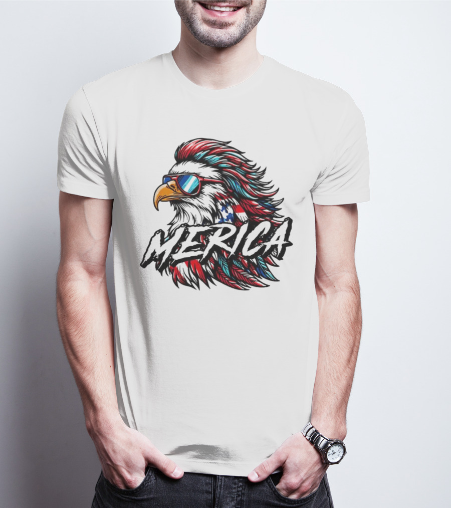 Merica Mullet Eagle With Patriotic Sunglasses And Americana Colors T-Shirt