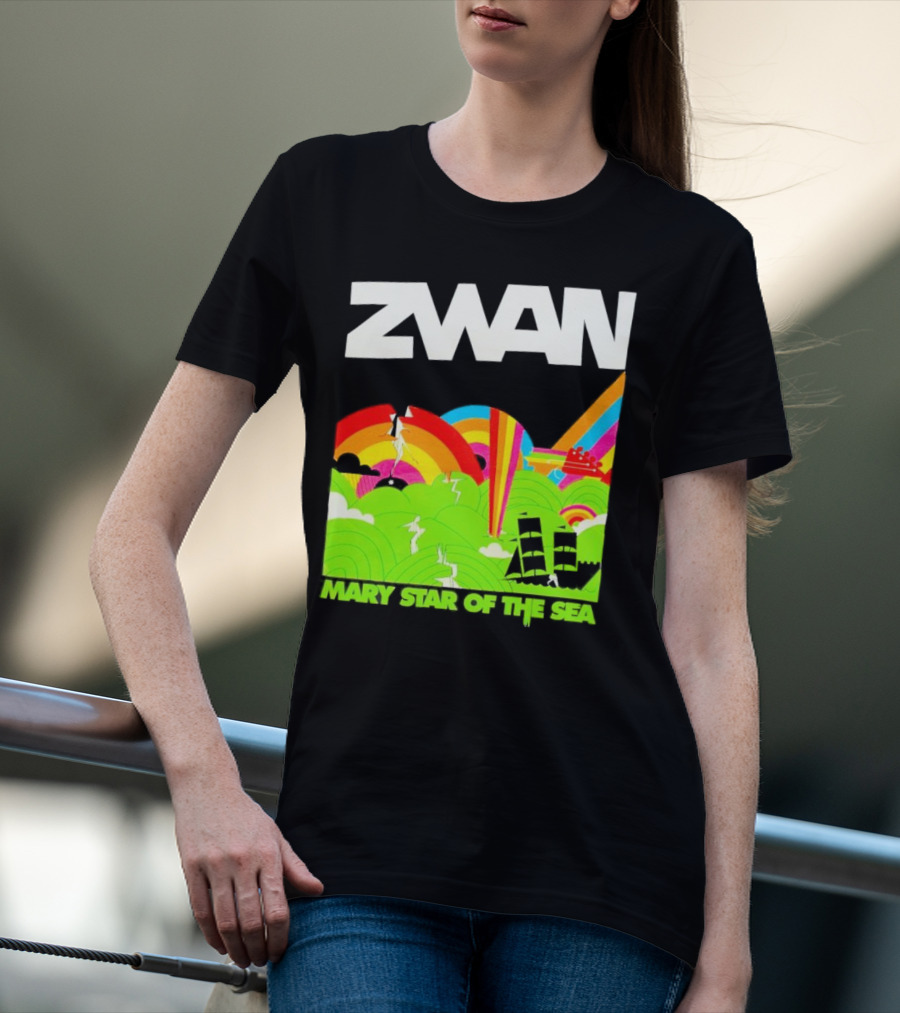 Zwan Mary Star Of The Sea Rainbow Waves Sailboat T-Shirt
