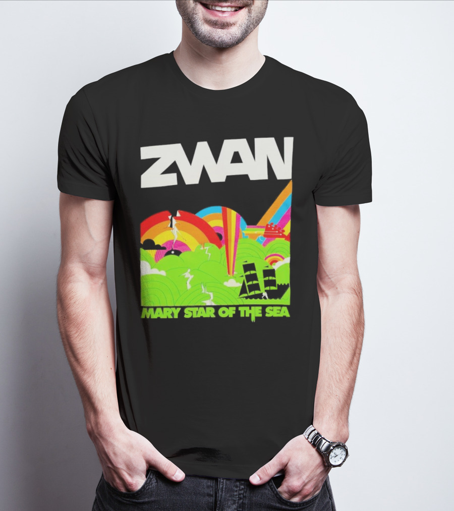 Zwan Mary Star Of The Sea Rainbow Waves Sailboat T-Shirt