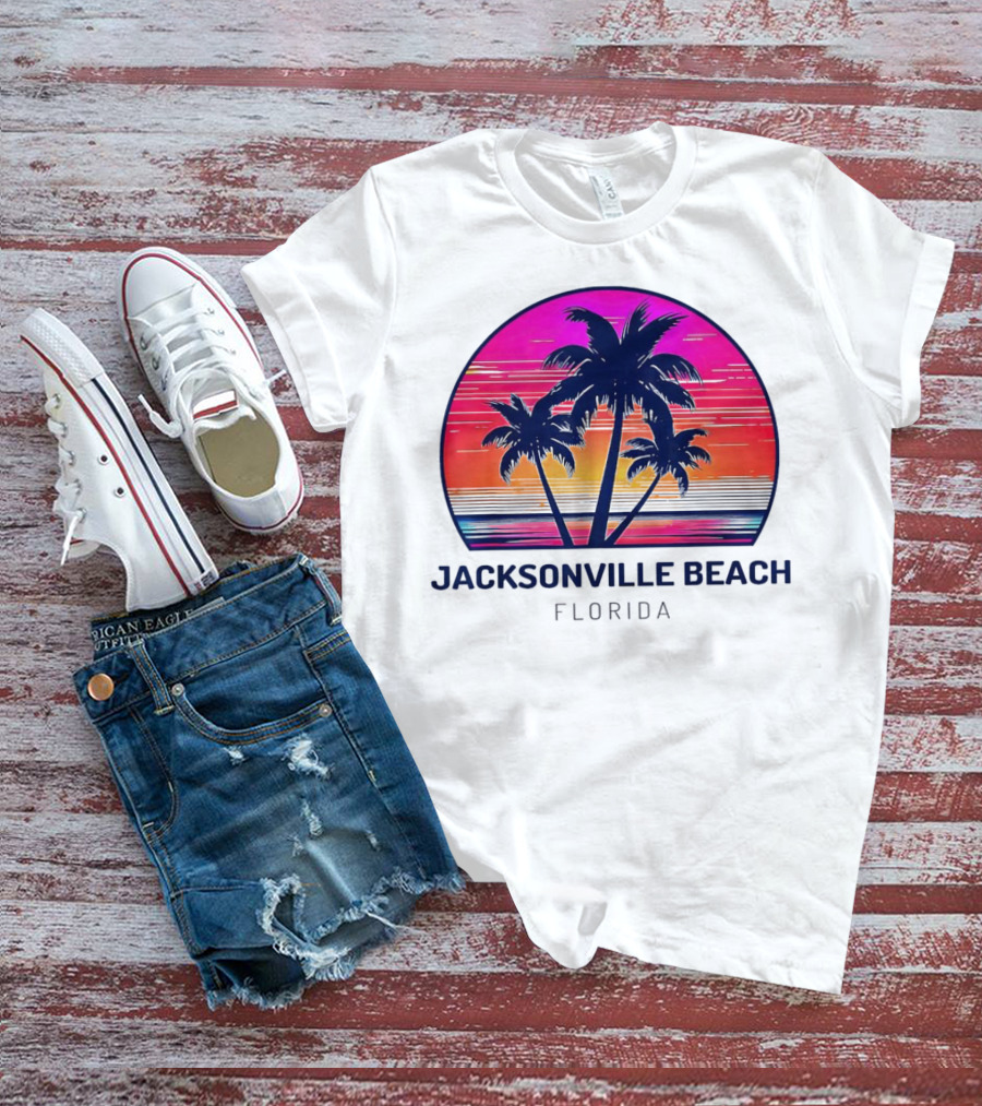 Jacksonville Beach Florida Palm Tree Sunset Circle T-Shirt