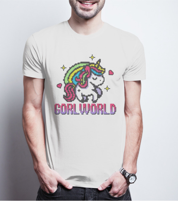 Gorl World Unicorn Retro Pixel Art Rainbow Hearts T-Shirt