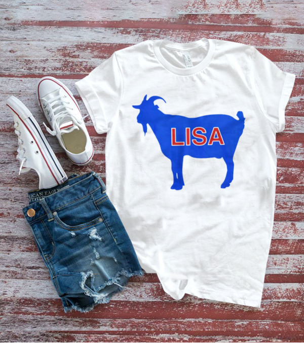 Lisa L Dubbs Goat Silhouette With Name In Bold Red Letters Blue Background T-Shirt