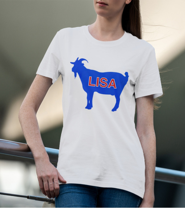 Lisa L Dubbs Goat Silhouette With Name In Bold Red Letters Blue Background T-Shirt