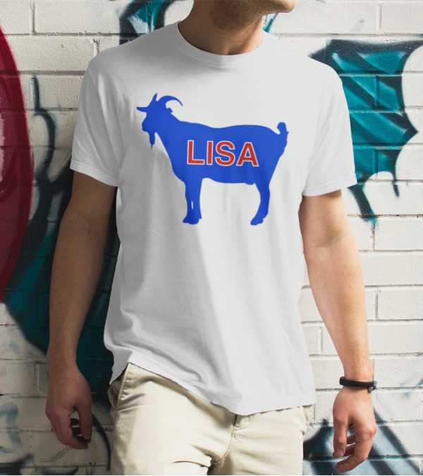 Lisa L Dubbs Goat Silhouette With Name In Bold Red Letters Blue Background T-Shirt