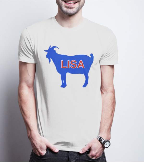 Lisa L Dubbs Goat Silhouette With Name In Bold Red Letters Blue Background T-Shirt