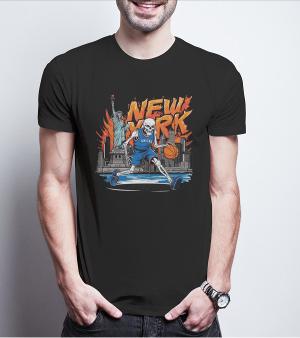 New York Knicks Skeleton Statue Basketball T-Shirt