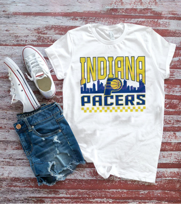 Indiana Pacers NBA Logo Skyline With Checkered T-Shirt