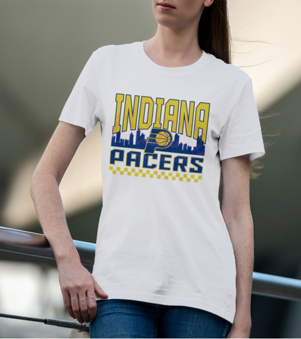 Indiana Pacers NBA Logo Skyline With Checkered T-Shirt
