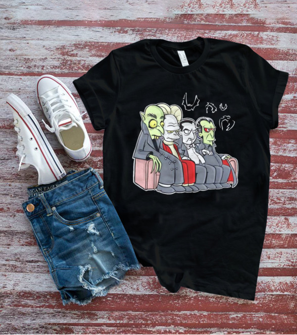 Various Versions Of Draculas Seated On A Couch With Bat Symbols T-Shirt