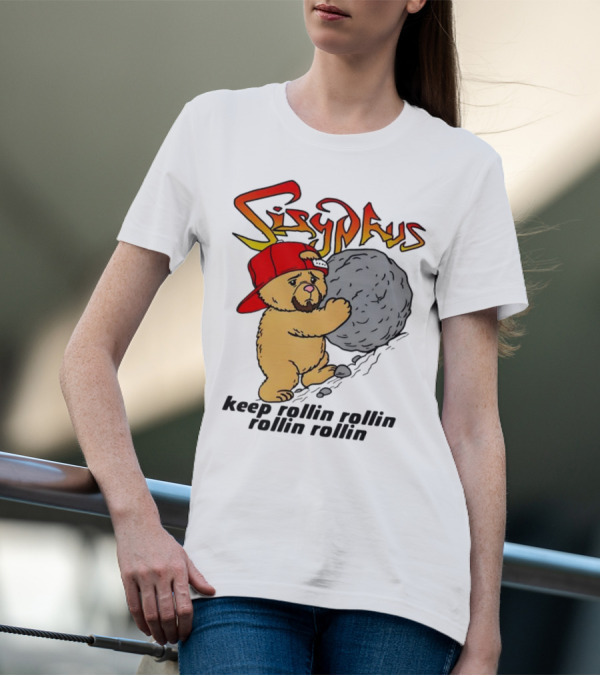 Sisyphus Keep Rollin Rollin Rollin Rollin Bear With Boulder Red Cap T-Shirt
