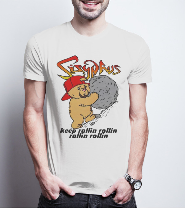 Sisyphus Keep Rollin Rollin Rollin Rollin Bear With Boulder Red Cap T-Shirt