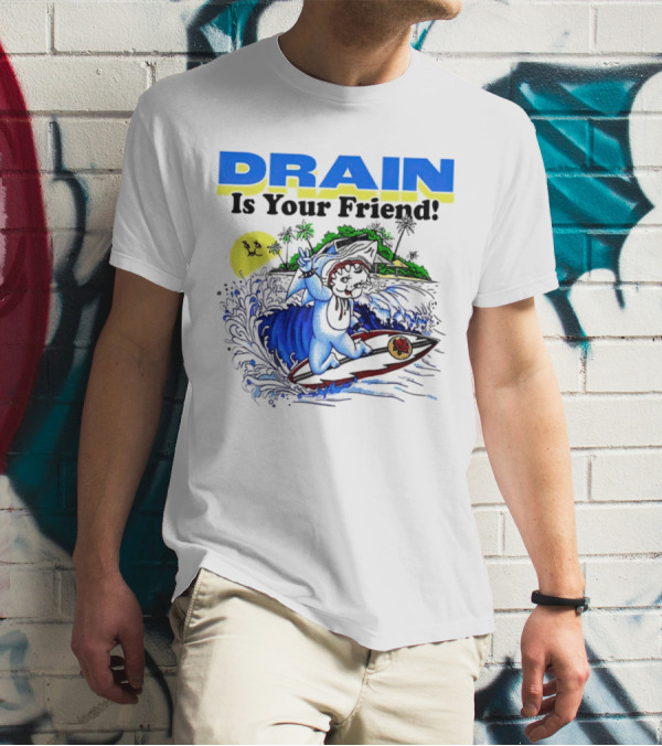 Drain Is Your Friend Surfing Dog Island Moon Scene T-Shirt