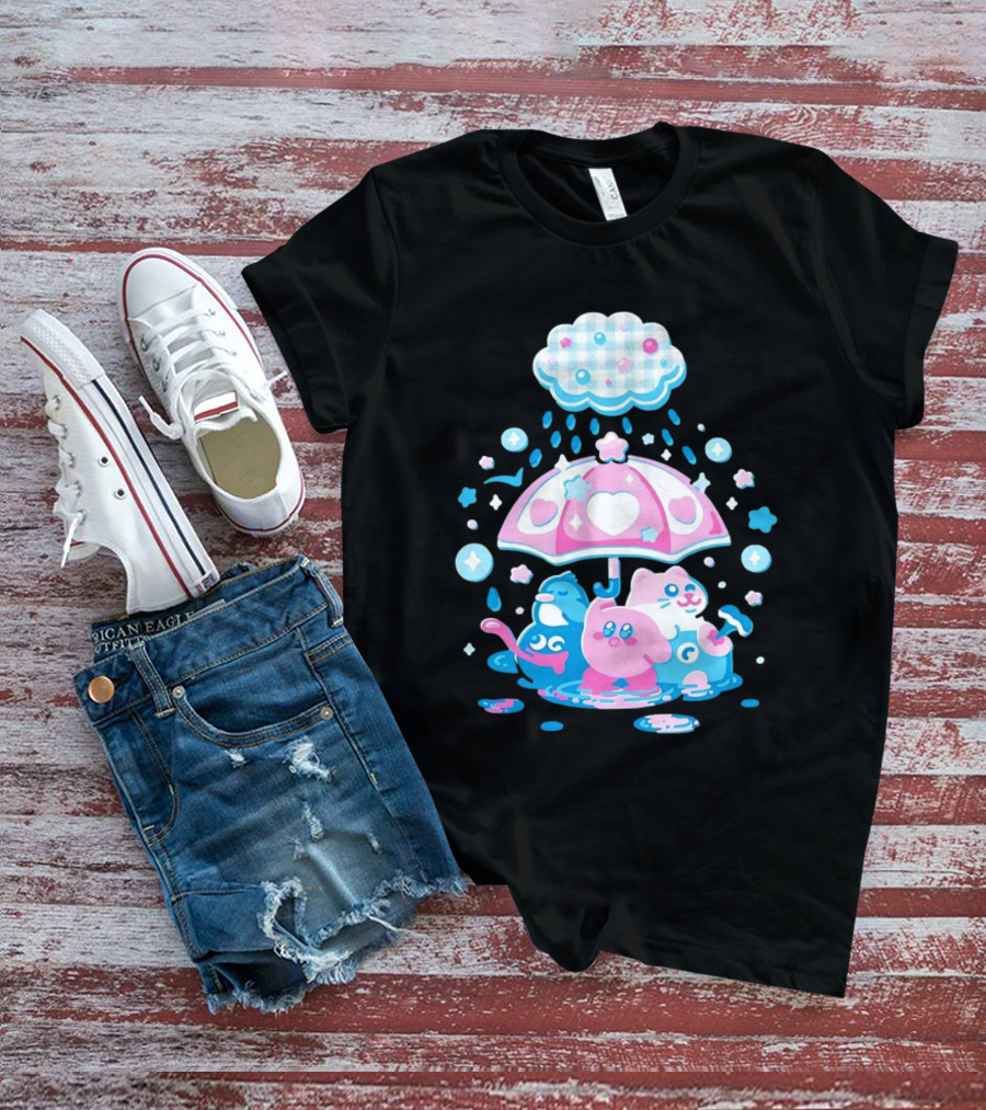 Kirby Gooey And Rick Under Heart Umbrella With Stars And Raindrops T-Shirt
