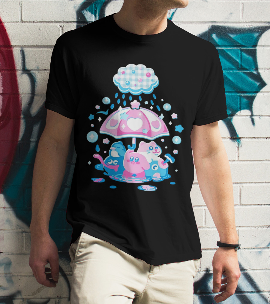 Kirby Gooey And Rick Under Heart Umbrella With Stars And Raindrops T-Shirt