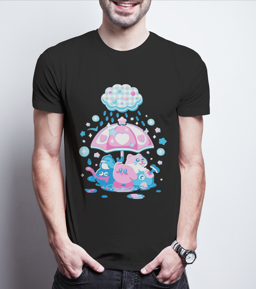 Kirby Gooey And Rick Under Heart Umbrella With Stars And Raindrops T-Shirt