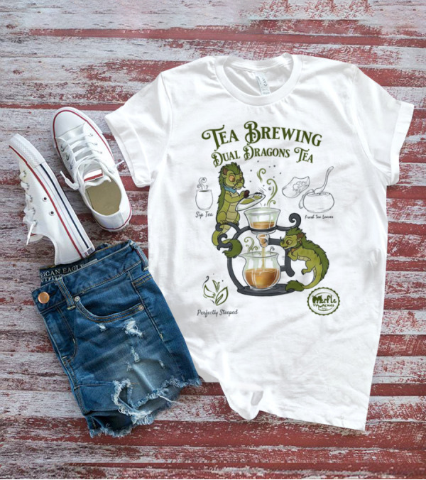Tea Brewing Dual Dragons Sip Tea Perfectly Steeped Leaf And Kettle T-Shirt