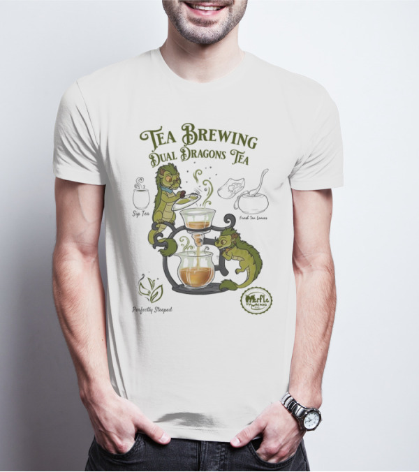 Tea Brewing Dual Dragons Sip Tea Perfectly Steeped Leaf And Kettle T-Shirt