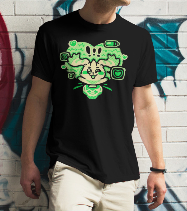Terriermon Digimon Iconic Green Heartbeat Motif With Digital Symbols T-Shirt