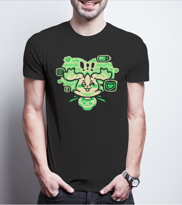 Terriermon Digimon Iconic Green Heartbeat Motif With Digital Symbols T-Shirt